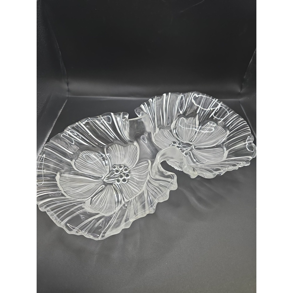 Mikasa Frosted & Clear Glass Textured Hibiscus Flower Double Bowl Nut/Candy Dish